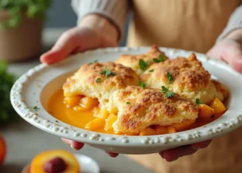 Peach cobbler recipe with cake mix, featuring golden brown crust and juicy peaches served with vanilla ice cream.