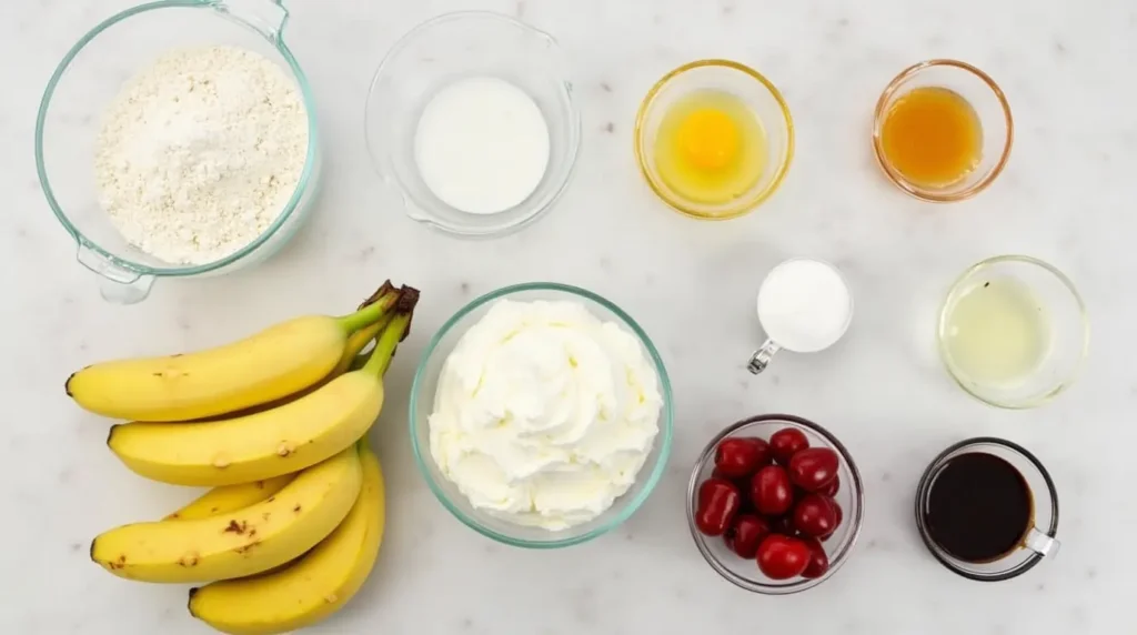 All your banana split cake recipe ingredients spread out on a counter