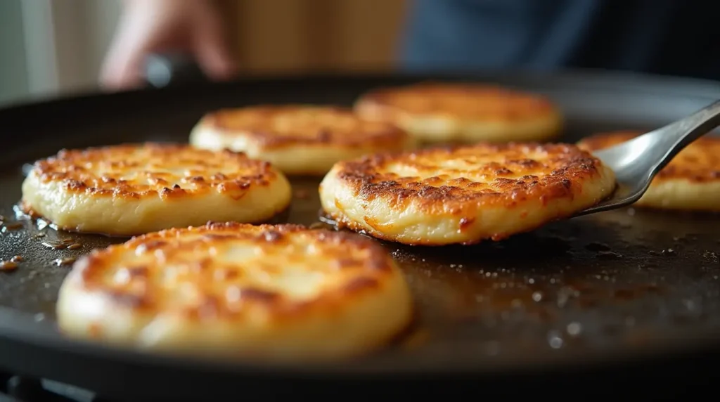 Hoe cakes cooking on a griddle with golden texture