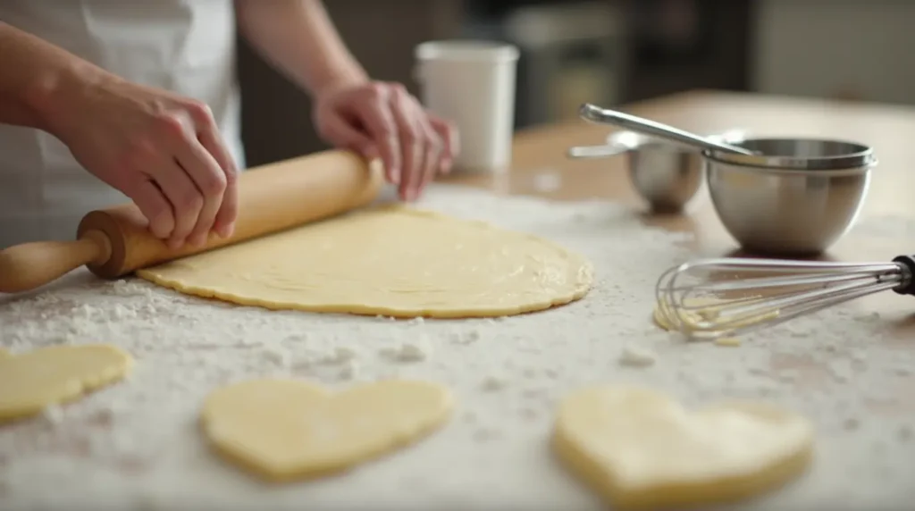 Making chicken and pastry from scratch with dough and pastry tools.