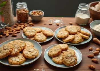 An assortment of almond cookies recipes displayed on a wooden counter, featuring classic, gluten-free, dairy-free, vegan, and sugar-free recipes, surrounded by baking tools and ingredients.
