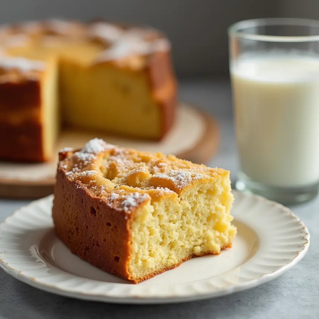 A dry slice of vanilla cake from scratch on a plate, highlighting a baking mistake.