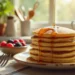 Golden stack of Bisquick Pancakes with maple syrup and berries for your healthy morning.